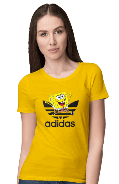 Футболка женская с принтом Adidas Губка Боб. Adidas, spongebob, адидас, баскетбол, губка боб, мультик, мультсериал, мяч, спанч боб, спорт. 2070702