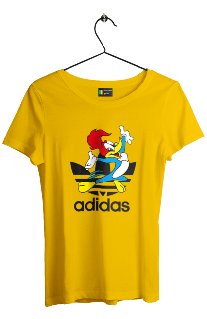 Футболка женская с принтом Adidas Вуди Вудпекер. Adidas, woody woodpecker, адидас, вуди, вуди вудпекер, дятел вуди, мультсериал. 2070702