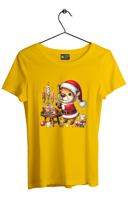 Women's t-shirt with prints Capybara and Christmas Dinner. Animal, capybara, christmas, christmas capybara, christmas dinner, gift, holiday, new year, new year`s gift, santa. 2070702