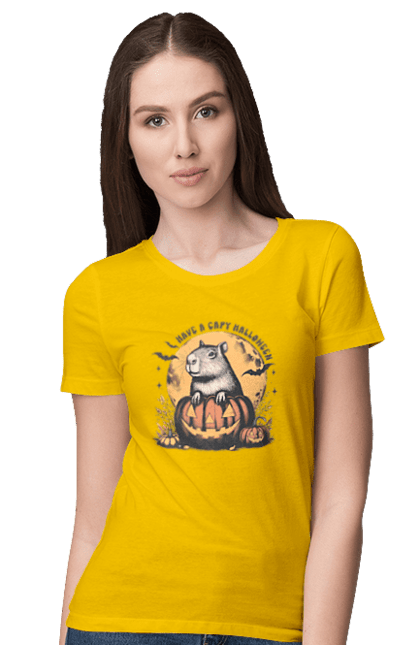 Women's t-shirt with prints Capybara Halloween. Animal, capybara, halloween, holiday, moon, pumpkin, rodent. 2070702