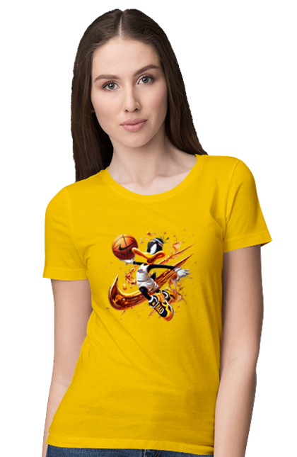 Women's t-shirt with prints Daffy Duck Nike. Cartoon, character, daffy duck, duck, looney tunes, merrie melodies, nike, warner brothers. 2070702