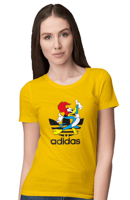 Футболка женская с принтом Adidas Вуди Вудпекер. Adidas, woody woodpecker, адидас, вуди, вуди вудпекер, дятел вуди, мультсериал. 2070702