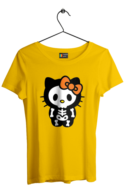 Футболка женская с принтом Хелло Китти Хэллоуин. Halloween, hello kitty, zombie, бренд, зомби, котенок, персонаж, скелет, хелло китти, хэллоуин. 2070702