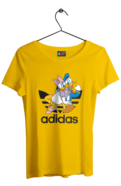 Футболка женская с принтом Adidas Дональд Дак. Adidas, daisy duck, donald duck, адидас, дейзи дак, дональд дак, мультсериал, мультфильм. 2070702