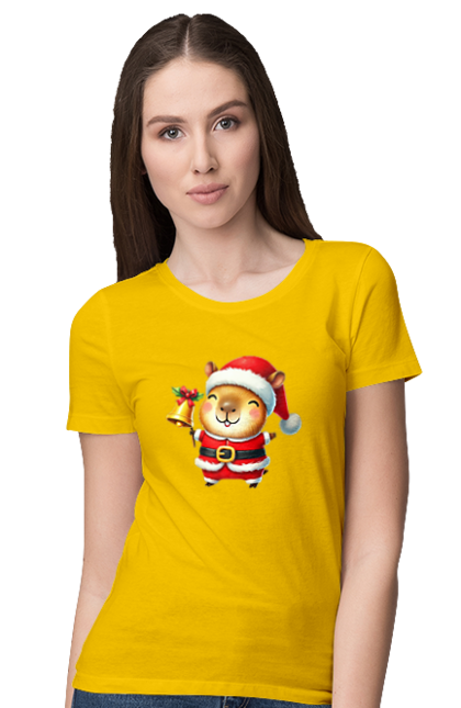 Women's t-shirt with prints Funny capybara with a bell. Animal, bell, capybara, christmas, christmas capybara, gift, holiday, new year, new year`s gift, santa. 2070702