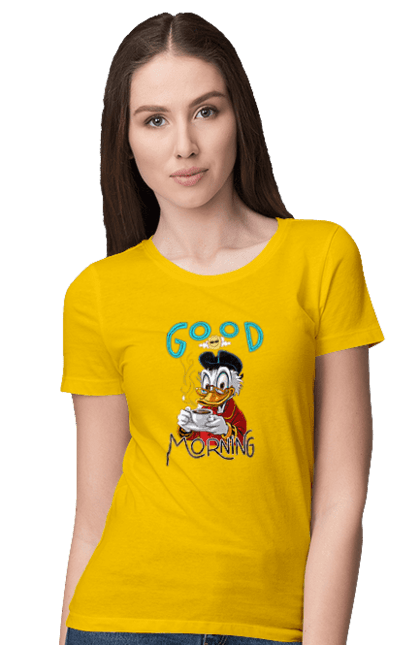 Women's t-shirt with prints Scrooge McDuck. Coffee, cup, disney, mcduck, scrooge, scrooge mcduck, uncle scrooge. 2070702