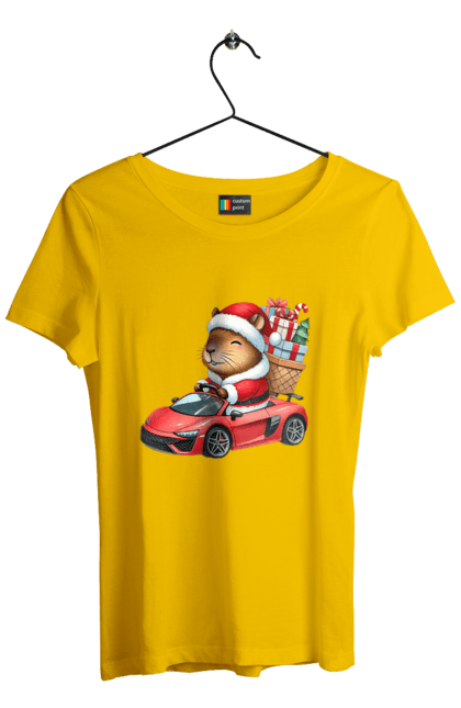 Women's t-shirt with prints Christmas Capybara with a Gift. Animal, capybara, car, christmas, christmas capybara, gift, holiday, new year, new year`s gift, santa. 2070702