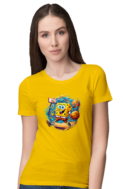 Футболка женская с принтом Губка Боб. Spongebob, баскетбол, губка боб, мультик, мультсериал, мяч, спанч боб, спорт. 2070702