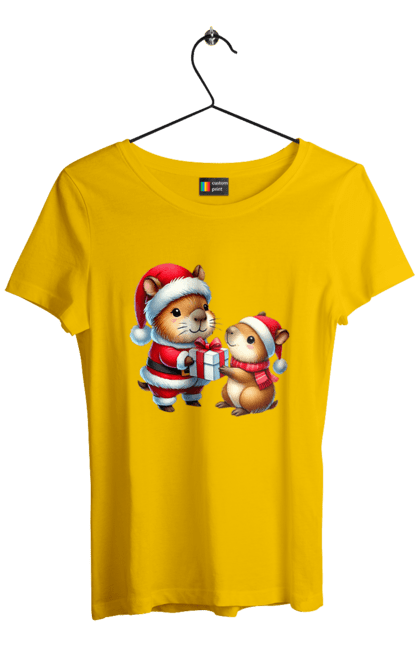 Women's t-shirt with prints Christmas Capybara with a Gift. Animal, capybara, christmas, christmas capybara, gift, holiday, new year, new year`s gift, santa. 2070702