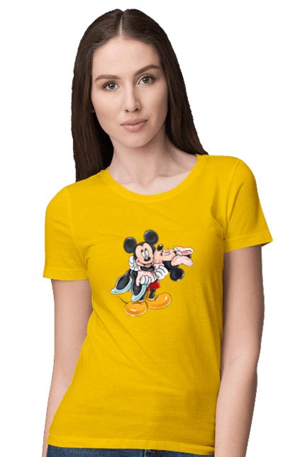 Women's t-shirt with prints Mickey Mouse and Minnie Mouse. Cartoon, disney, mickey, mickey mouse, minnie mouse. 2070702