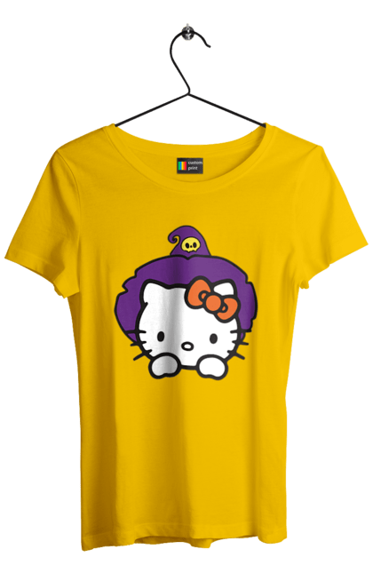 Футболка женская с принтом Хелло Китти Хэллоуин. Halloween, hello kitty, witch, бренд, ведьма, кот, котенок, персонаж, хелло китти, хэллоуин. 2070702