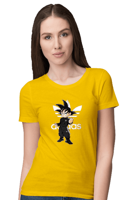 Футболка жіноча з принтом "Adidas Сон Гоку". Adidas, dragon ball, manga, son goku, адідас, аніме, гоку, манга, перли дракона, сон гоку. 2070702