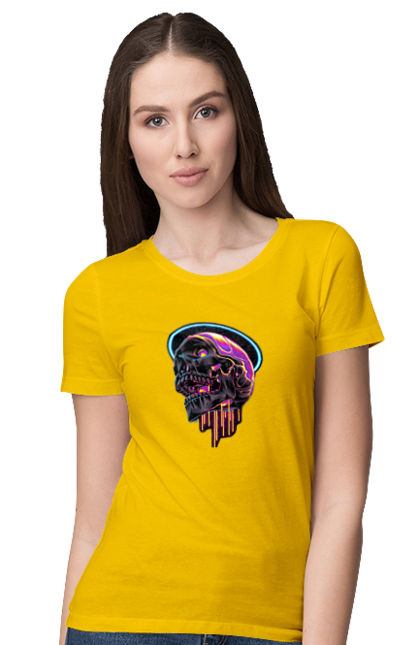 Women's t-shirt with prints Skull. Black and white, bones, neon, scull, teeth. 2070702