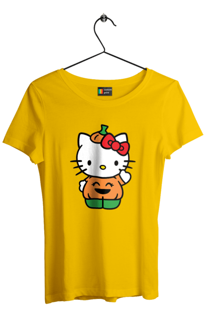 Футболка женская с принтом Хелло Китти Хэллоуин. Halloween, hello kitty, бренд, котенок, персонаж, тыква, хелло китти, хэллоуин. 2070702