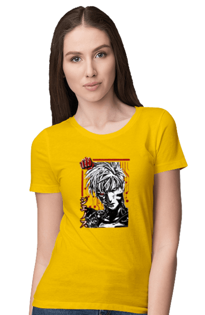 Women's t-shirt with prints One Punch Man Genos. Anime, comedy, cyborg, demon, demon cyborg, genos, manga, one punch man, parody, superheroes. 2070702