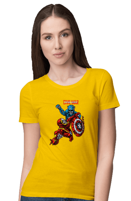 Футболка женская с принтом Железный человек vs Капитан Америка. Captain america, civil war, iron man, marvel, marvel comics, железный человек, капитан америка, марвел, мстители, тони старк. 2070702