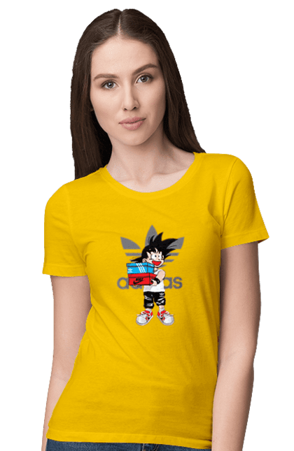 Футболка жіноча з принтом "Adidas Сон Гоку". Adidas, dragon ball, manga, son goku, адідас, аніме, гоку, манга, перли дракона, сон гоку. 2070702