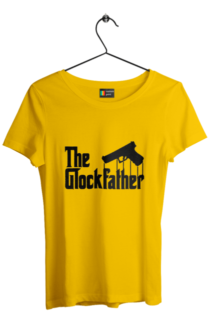 Футболка жіноча з принтом "The GlockFather". Gangster, glockfather, godfather, godfather reference, вогнепальна зброя, гангстер, глок, зброя, пістолет, пістолет. 2070702