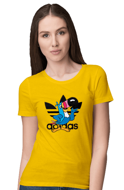 Футболка женская с принтом Adidas Тукан Сэм. Adidas, froot loops, toucan sam, адидас, москот, тукан сэм. 2070702