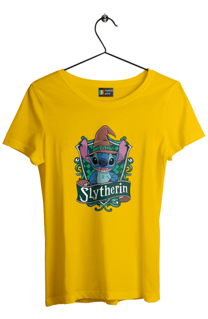 Women's t-shirt with prints Stich Slytherin. Faculty, franchise, harry potter, hogwarts, slytherin, stich. 2070702