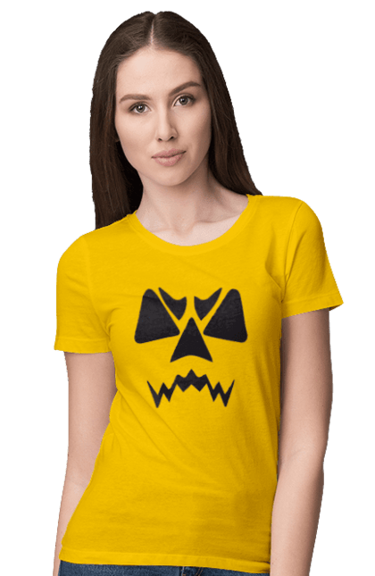 Women's t-shirt with prints Halloween pumpkin face. Costume, halloween, holiday, october, october 31, pumpkin, scary, sweets, trick or treat. 2070702