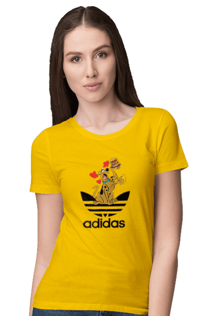 Футболка жіноча з принтом "Adidas Скубі Ду". Adidas, scooby doo, scooby-doo, адідас, мультсеріал, серіал, скубі ду, скубі-ду, собака. 2070702