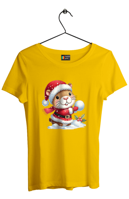 Women's t-shirt with prints Capybara playing snowballs. Animal, capybara, christmas, christmas capybara, game, gift, holiday, new year, santa, snowballs. 2070702