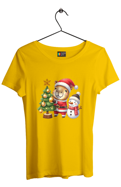 Women's t-shirt with prints Christmas Capybara with a Tree. Animal, capybara, christmas, christmas capybara, christmas tree, gift, holiday, new year, new year`s gift, santa. 2070702