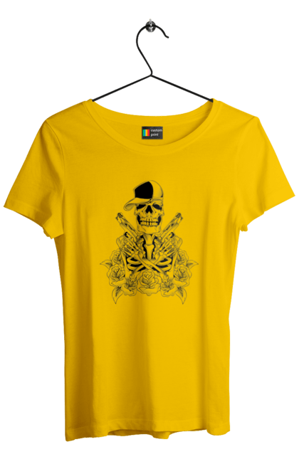 Women's t-shirt with prints Skeleton with pistols. Black and white, bones, cap, gun, roses, scull, skeleton, teeth. 2070702