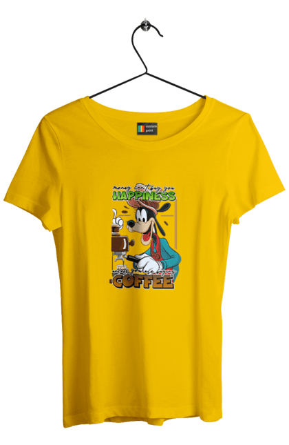 Women's t-shirt with prints Goofy Coffee. Animated series, cartoon, coffee, cup, disney, dog, goofy. 2070702