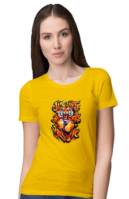 Women's t-shirt with prints Jujutsu. Animal, japan, jiu jitsu, jujutsu, martial arts, ninja, samurai, sport, tiger. 2070702