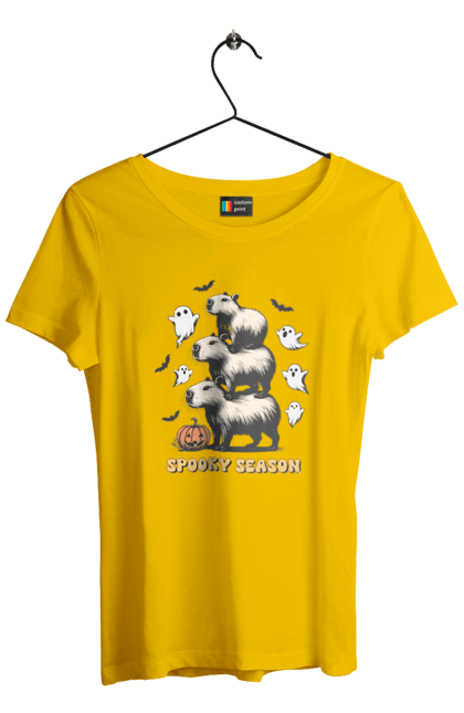 Women's t-shirt with prints Capybara Halloween. Animal, capybara, ghost, halloween, holiday, moon, pumpkin, rodent. 2070702