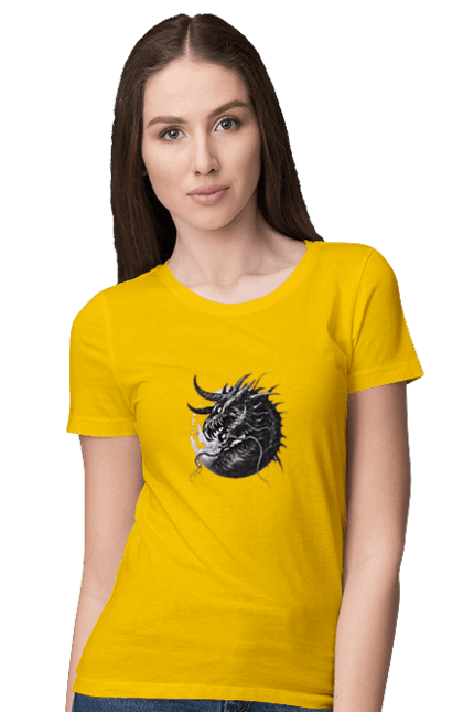 Футболка жіноча з принтом "Дракон". Дракон, ікла, місяць, паща, роги. PrintMarket - інтернет-магазин одягу та аксесуарів з принтами плюс конструктор принтів - створи свій унікальний дизайн