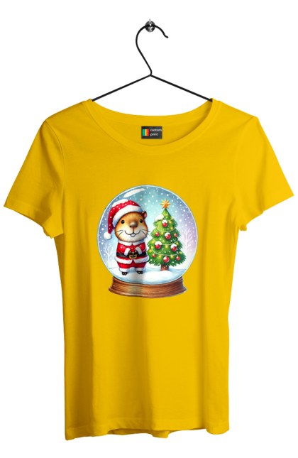 Women's t-shirt with prints Christmas Capybara with a Tree. Animal, capybara, christmas, christmas capybara, christmas tree, gift, holiday, new year, new year`s gift, santa. 2070702