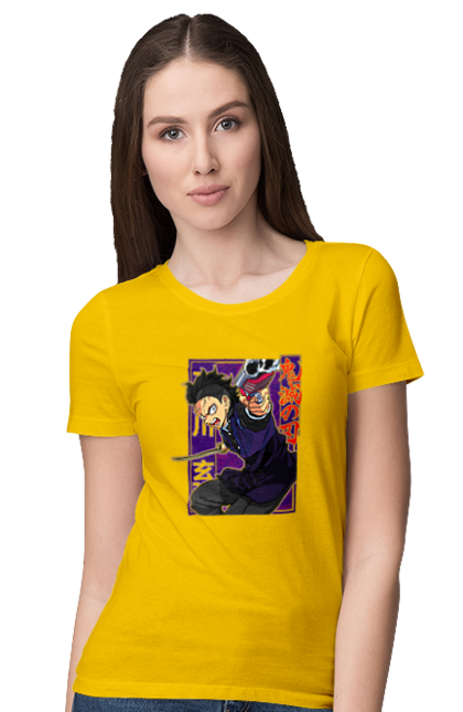 Women's t-shirt with prints Demon Slayer Genya Shinazugawa. Anime, demon slayer, genya, genya shinazugawa, kimetsu no yaiba, manga, аниме, истребитель демонов, манга. 2070702