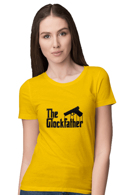 Women's t-shirt with prints The Glockfather. Firearm, gangster, glock, glockfather, godfather reference, gun, pistol, weapon. 2070702