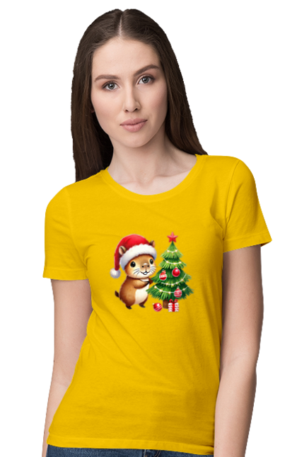 Women's t-shirt with prints Christmas Capybara with a Tree. Animal, capybara, christmas, christmas capybara, christmas tree, gift, holiday, new year, new year`s gift, santa. 2070702