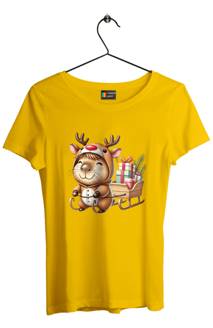 Women's t-shirt with prints Christmas Capybara with a Gift. Animal, capybara, christmas, christmas capybara, gift, holiday, new year, new year`s gift, santa. 2070702