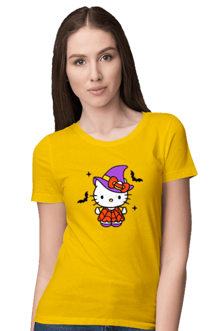 Футболка женская с принтом Хелло Китти Хэллоуин. Halloween, hello kitty, witch, бренд, ведьма, кот, котенок, персонаж, хелло китти, хэллоуин. 2070702