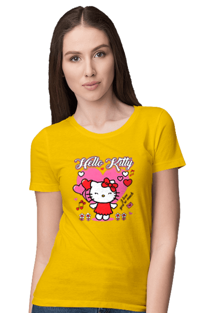 Футболка женская с принтом Хелло Китти. Hello kitty, бренд, кот, котенок, персонаж, хелло китти. 2070702