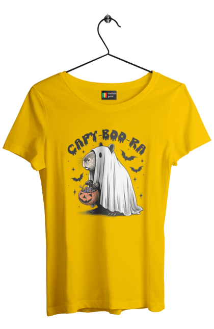 Футболка женская с принтом Капибара Хэллоуин. Capybara, halloween, водосвинка, грызун, животное, капибара, праздник, привидение, тыква, хэллоуин. 2070702