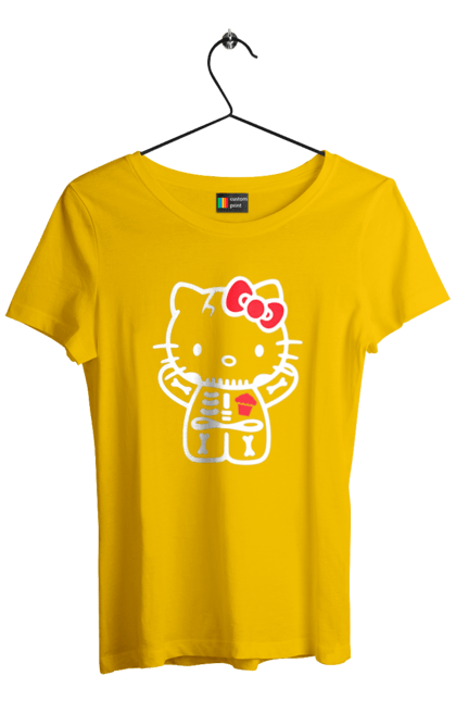 Футболка женская с принтом Хелло Китти Хэллоуин. Halloween, hello kitty, zombie, бренд, зомби, котенок, персонаж, скелет, хелло китти, хэллоуин. 2070702