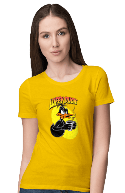 Women's t-shirt with prints Daffy Duck. Cartoon, character, daffy duck, duck, looney tunes, merrie melodies, warner brothers. 2070702