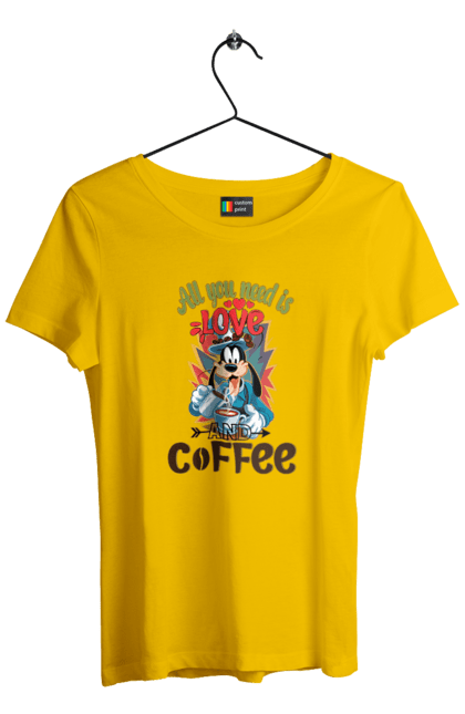 Women's t-shirt with prints Goofy Coffee. Animated series, cartoon, coffee, cup, disney, dog, goofy. 2070702