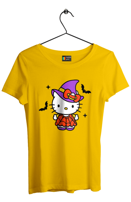 Футболка женская с принтом Хелло Китти Хэллоуин. Halloween, hello kitty, witch, бренд, ведьма, кот, котенок, персонаж, хелло китти, хэллоуин. 2070702