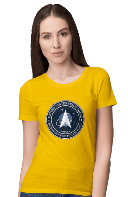 Women's t-shirt with prints United States Space Force. Emblem, political, politics, space, space force, space travel, united states, ussf. 2070702