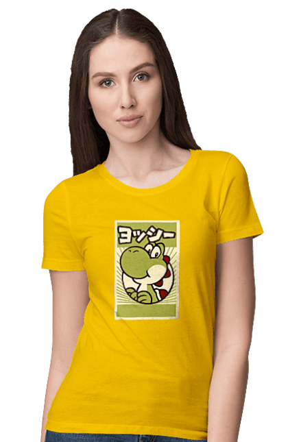 Women's t-shirt with prints Mario Yoshi. Character, dinosaur, games, mario, nintendo, super mario world, yoshi. 2070702