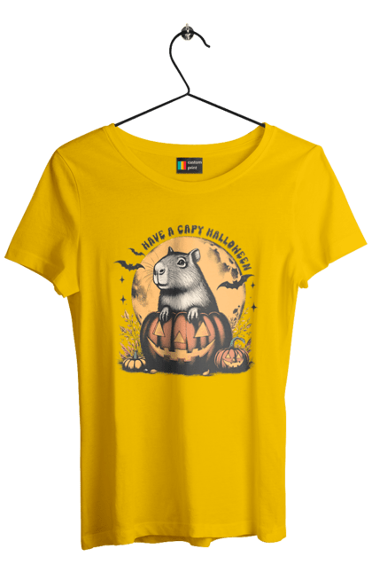 Women's t-shirt with prints Capybara Halloween. Animal, capybara, halloween, holiday, moon, pumpkin, rodent. 2070702