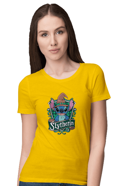 Women's t-shirt with prints Stich Slytherin. Faculty, franchise, harry potter, hogwarts, slytherin, stich. 2070702