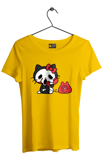 Футболка женская с принтом Хелло Китти Хэллоуин. Halloween, hello kitty, бренд, кот, котенок, персонаж, хелло китти, хэллоуин. 2070702